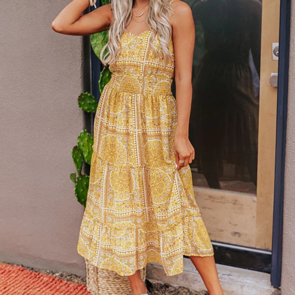 Blue B mustard yellow patchwork midi dress